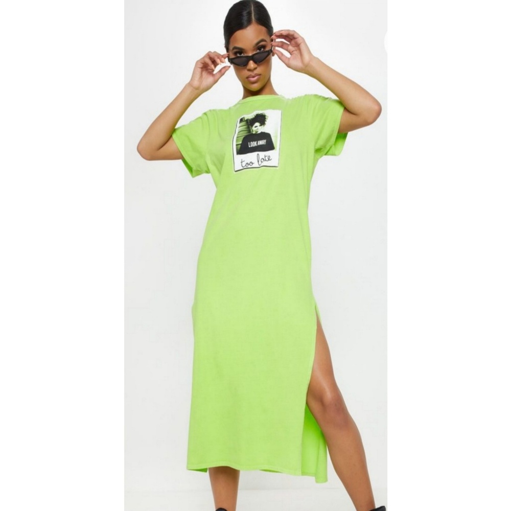 Prettylittlething limegreen split leg tshirt dress